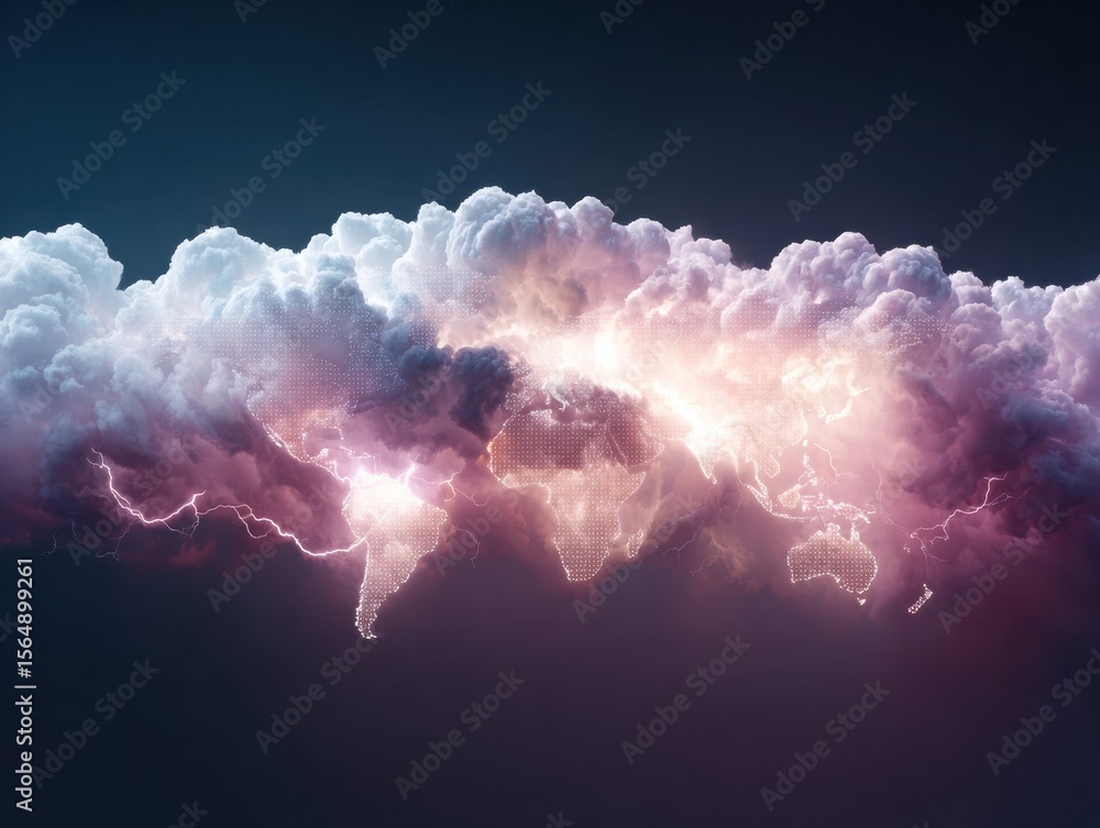 Poster Digital Global Logistics Hub with Connected Trade Routes and Lightning Cloud Overlay Symbolizing Efficient International Shipping Networks