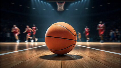 A Close Up of a Basketball on a Shiny Court with Players in the Background