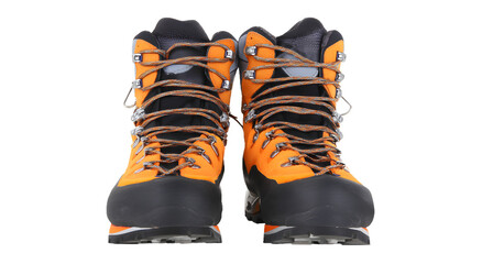 Orange ski boots with black accents isolated on white background

