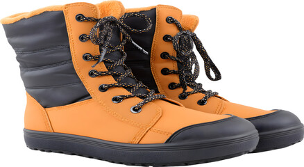 Orange ski boots with black accents isolated on white background
