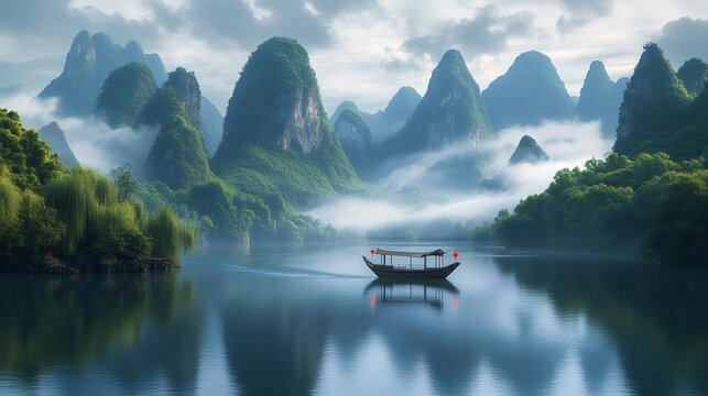 Traditional wooden tourist boat sailing on li river, guilin, china, at sunrise with fog and mist covering karst mountains - Powered by Adobe