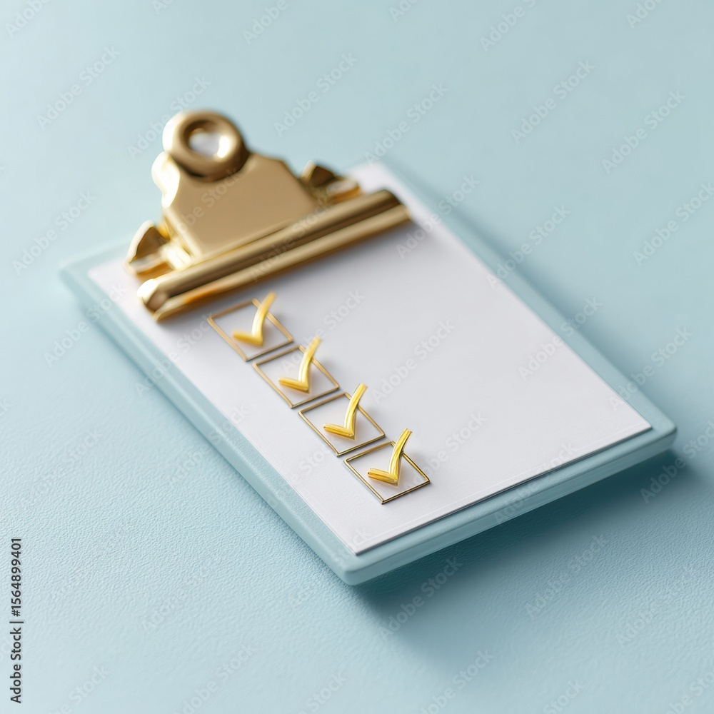 Poster minimalist clipboard with gold checkmarks on pastel desk, symbolizing task completion and productivi