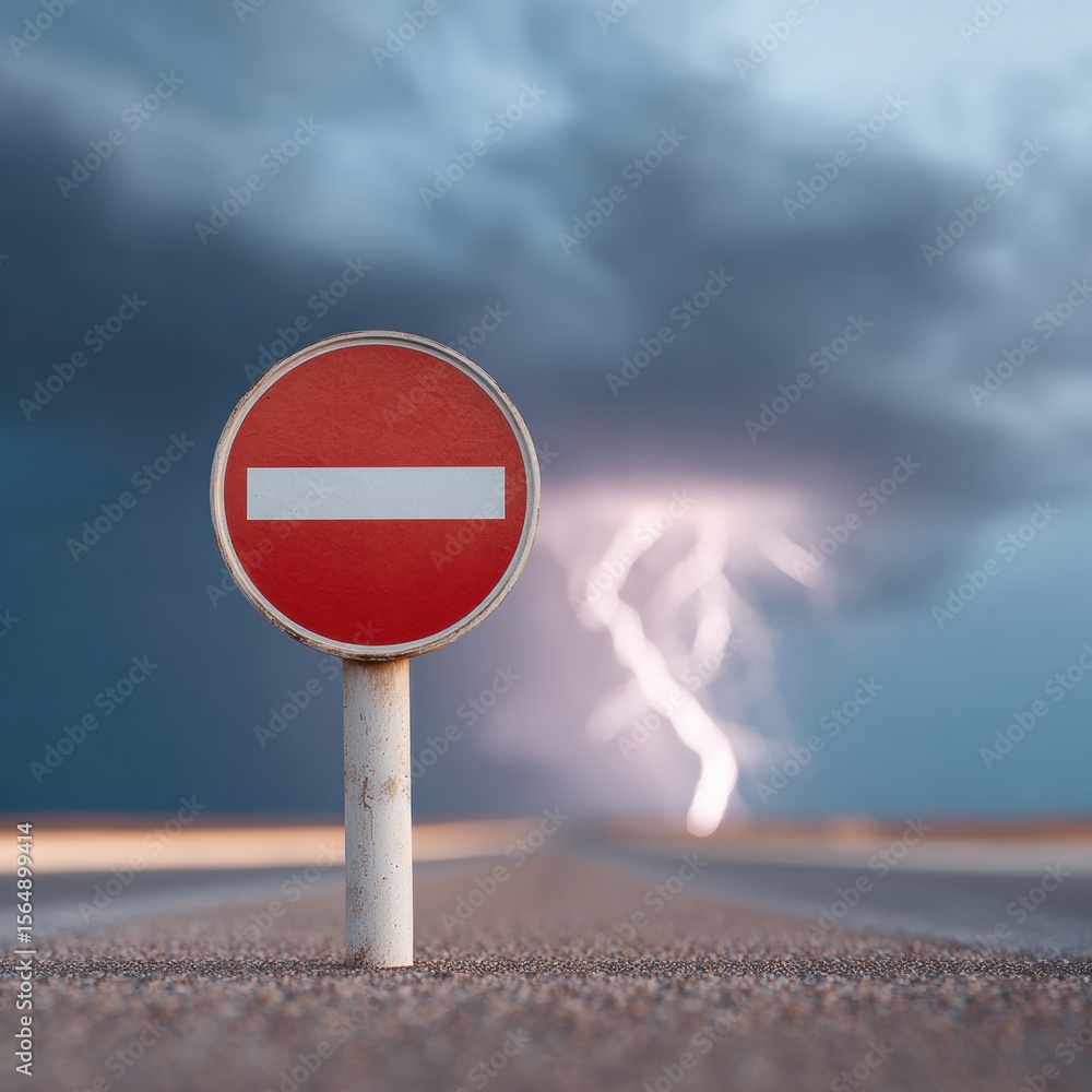Poster urban no entry sign with dramatic lightning storm in background capturing safety and restriction ami