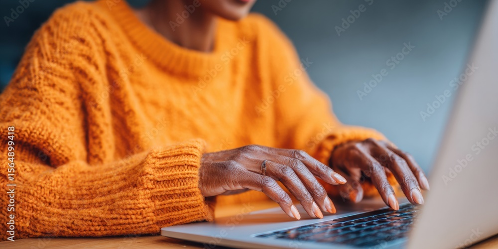 Poster Modern Cybersecurity Woman Using Laptop with Digital Authentication Interface in Cozy Workspace Premium Tech Content for Professional Marketing Campaigns