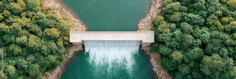 Poster aerial view of sustainable flood barrier dam with water cascading into river surrounded by greenery 