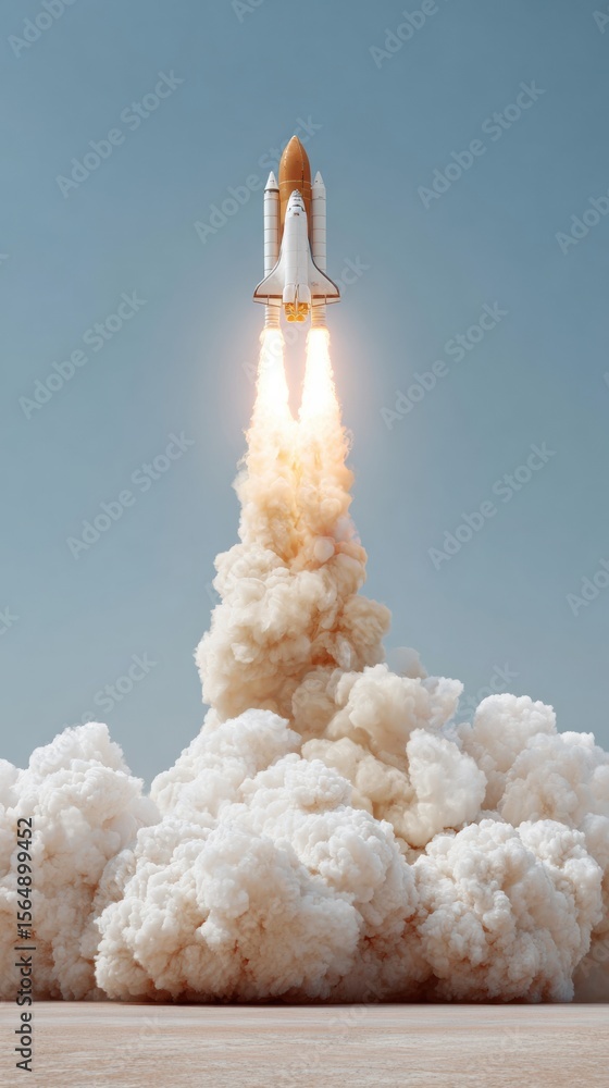 Aufkleber spacecraft launch with flames and billowing smoke clouds against clear sky - aerospace innovation an