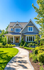 Beautiful luxury home exterior with lush landscaping and a large front yard in the foreground, against a bright blue sky. 