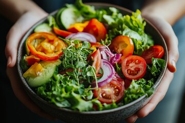 Cheerful vegetarian woman eating a bowl of homemade salad for breakfast, Generative AI