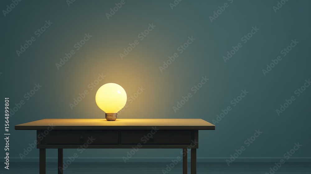 Poster minimalist workspace with a single glowing element on a desk, symbolizing a creative spark amid simp