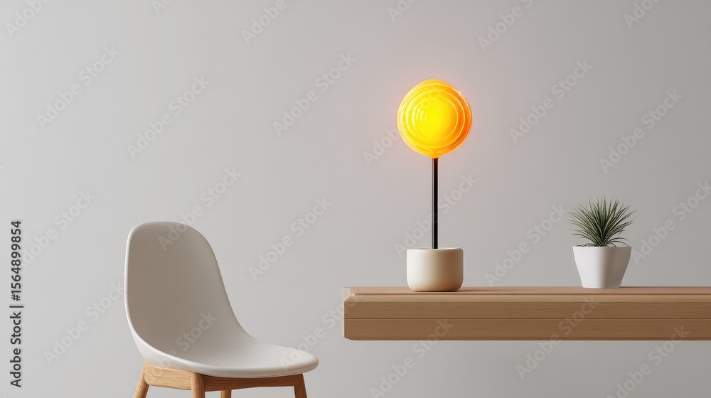 Poster minimalist workspace with a single glowing element on a desk, symbolizing a creative spark amid simp