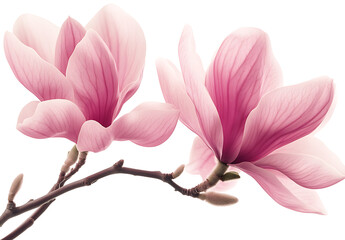 Obraz premium Beautiful magnolia flowers isolated on a white background, in a pink color, with a PNG file format that includes transparent and cutout elements.