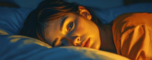 Anxiety disorder on insomnia woman: Sleepless woman awake in bed, unable to sleep due to symptoms of depression, Generative AI
