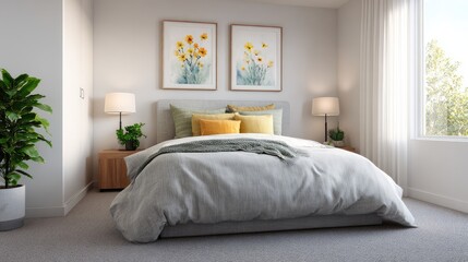 Naklejka premium Modern bedroom with neutral bedding, minimalist bedside lamps, and framed prints, soft light with open space