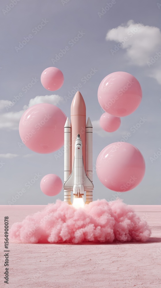 Poster Futuristic Space Rocket Launch with Pink Clouds and Spheres in Open Sky for Aerospace Marketing and Bold Exploration Concepts