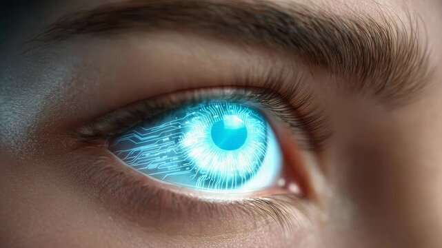 Glowing blue digital quantum circuit pattern eye showcasing advanced AI technology and futuristic innovation with data reflections and quantum AI