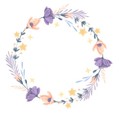 Hand-painted watercolor floral wreath with purple and peach flowers, yellow stars and blue leaves isolated on white. Botanical round frame for wedding invitations, baby showers, and greeting cards.