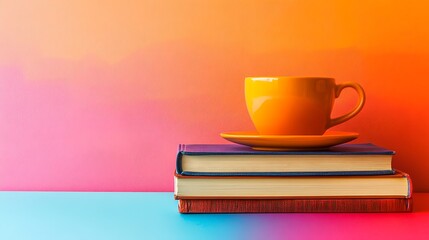 Tea cup sits atop books creating a bright, colorful, and inspiring learning scene