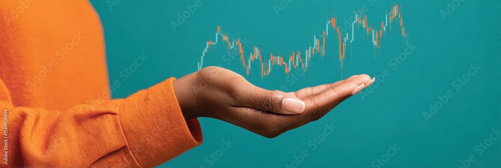 Poster Modern Crypto Portfolio Concept with Digital Stock Market Chart Hovering Over Open Palm - User Empowerment in Fintech Asset Management