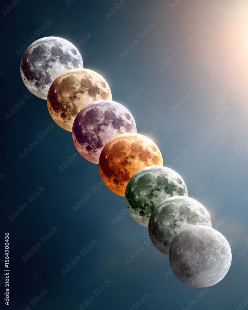 Aufkleber Detailed Lunar Cycle Phases from New to Full Moon on Celestial Background for Educational Content and Digital Timekeeping Visualization