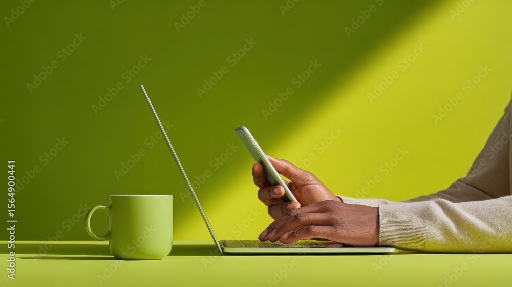 Poster minimalist remote work setup with laptop and smartphone in monochrome green for modern digital produ