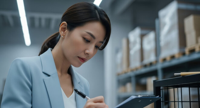 Focused businesswoman in modern warehouse checks inventory and writes notes on clipboard, managing logistics and supply chain organization with efficiency and attention to detail
