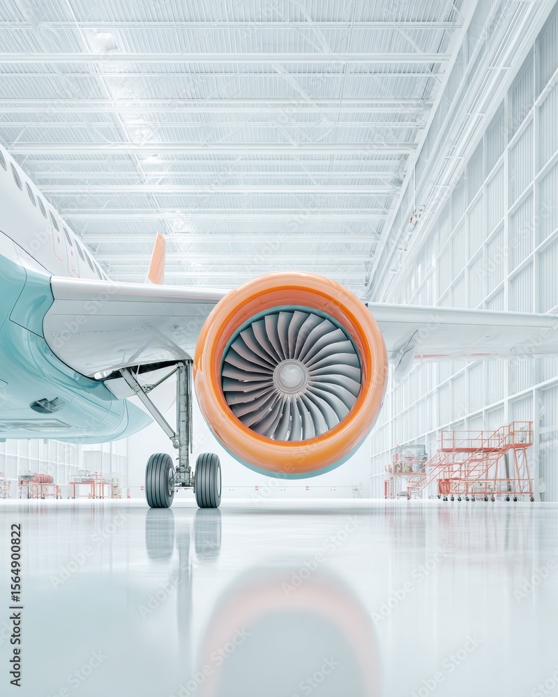 Poster Modern Aircraft Engine Maintenance in Spacious Hangar with Work Platforms and Engineering Tools Ensuring Aviation Safety and Mechanical Reliability