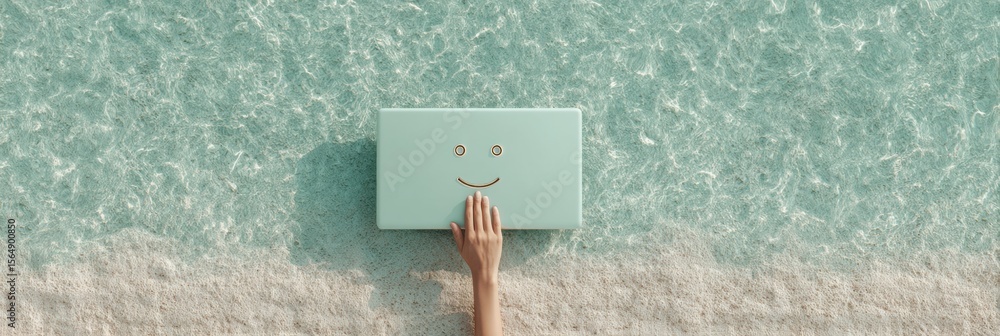 Poster modern digital customer experience hand selecting five-star happy face on laptop screen with virtual
