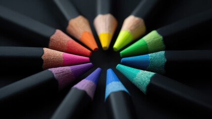 Neon colored pencil tips pointing toward the center on black surface, symbolizing focused creativity with central copy space