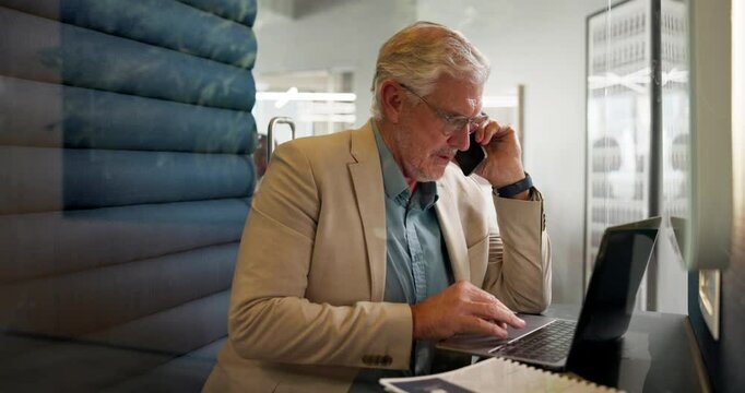 Business, phone call and man in cafe, laptop and privacy with investment, budget report and app. Mature person, booth and entrepreneur with cellphone, tech and confidential with online trading