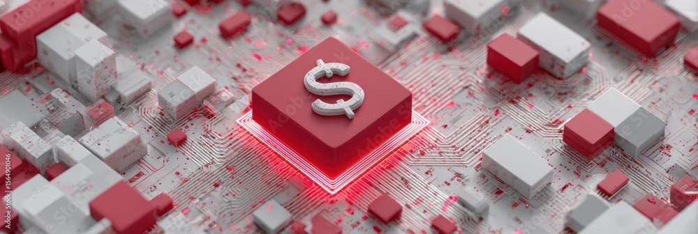 Poster Futuristic Digital Money Bag Icon with Glowing Circuit and Binary Pattern Symbolizing AI Finance, Automated Transactions, and Fraud Monitoring in Investment Management