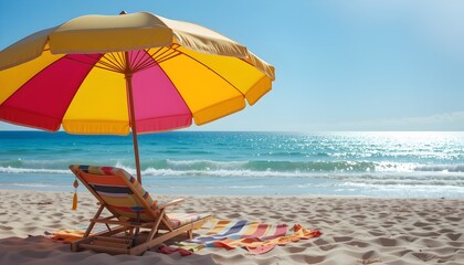 Colorful Beach Towel Under Sunny Umbrella by Sparkling Ocean – Bright Summer Scene with Coastal Vibes, Relaxation, Clear Blue Water, and Tropical Holiday Atmosphere
