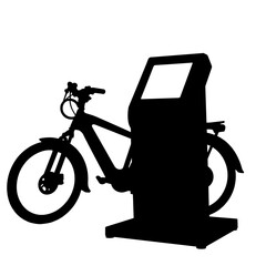 Naklejka premium Silhouette of bike rental stand with screen, urban transport technology
