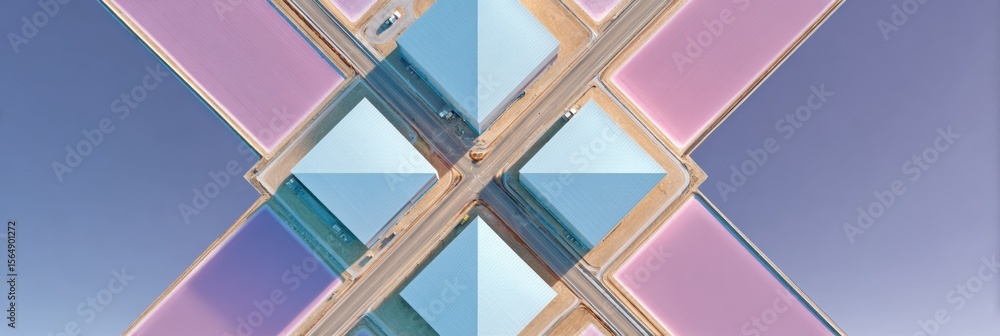 Poster Quantum computing supercomputer complex with symmetric architecture and agricultural surroundings in the Netherlands, drone view showcasing AI infrastructure and tech innovation