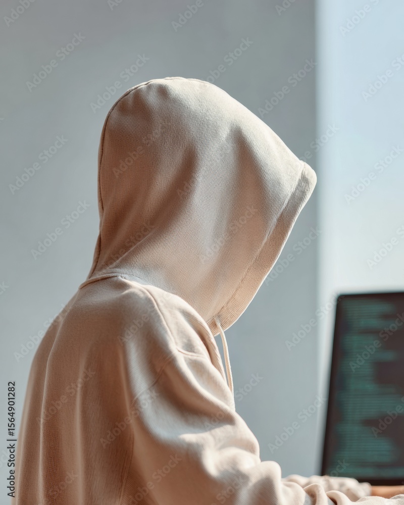 Poster cybersecurity threat concept hacker in neutral hoodie manipulating crypto portfolio data in digital 