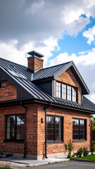 Loft style house exterior with industrial design and blue sky background