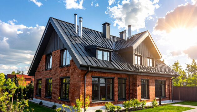 Loft style house exterior with industrial design and blue sky background