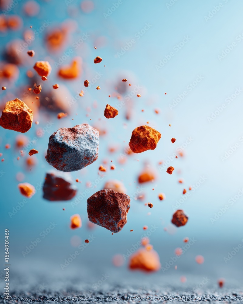 Poster Sci-fi floating asteroid debris with rocky fragments and dynamic motion on minimalistic background, symbolizing infinite possibilities and frontier exploration