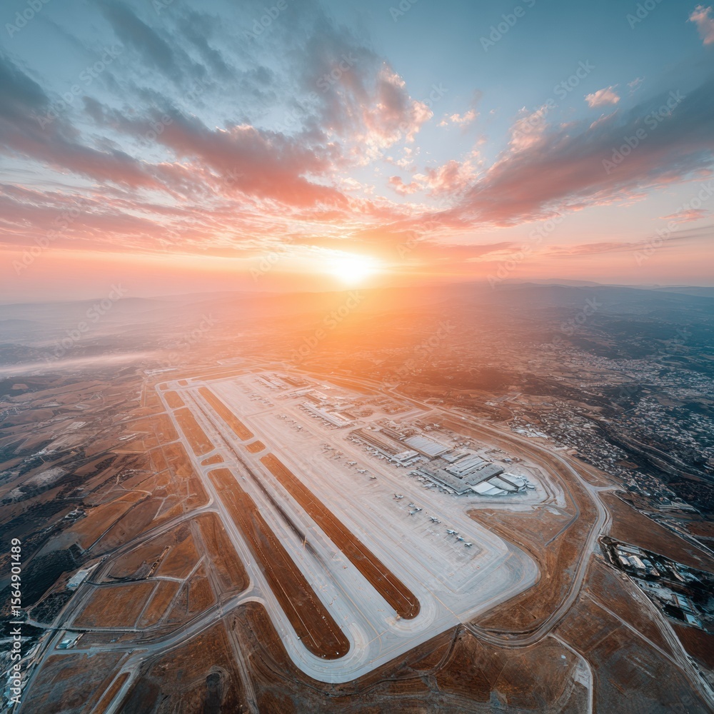 Poster aerial view of modern airport operations hub at sunset showcasing sprawling terminals and runways fo
