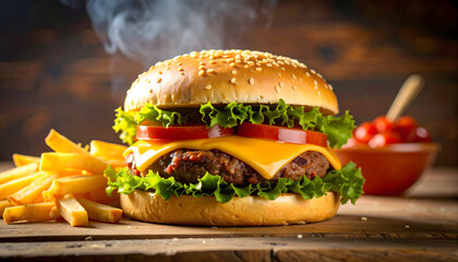 Juicy Beef Burger with Fresh Vegetables and Crispy French Fries