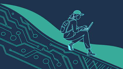 Fototapeta premium A high-quality vector illustration of an abstract tech background, geometric lines and glowing circuits and girl using laptop