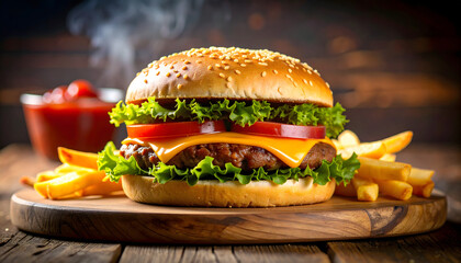 Juicy Beef Burger with Fresh Vegetables and Crispy French Fries