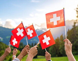 Swiss people waving mini Swiss flags