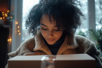 Person unboxing a package from online shopping at home, Generative AI