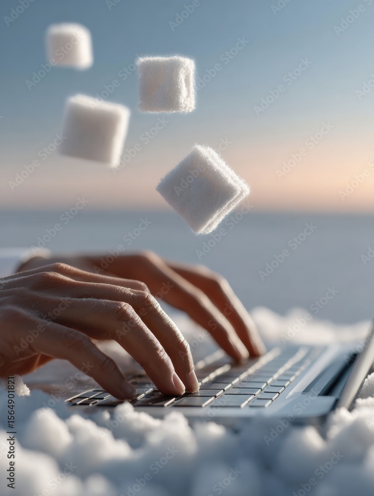 Aufkleber Modern Professional Hands Typing on Laptop Surrounded by Floating Abstract Foam Cubes Premium Tech Innovation Content for Digital Marketing Campaigns