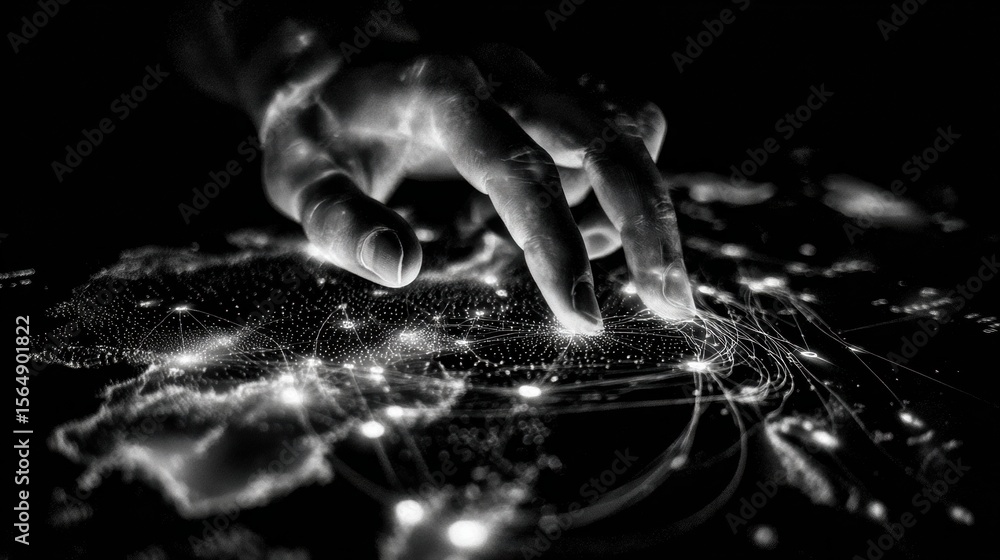 Aufkleber Quantum Analytics Hand Mapping Illuminated Global Network Pathways with Real-Time Data Overlays for Advanced Tech and Digital Connectivity