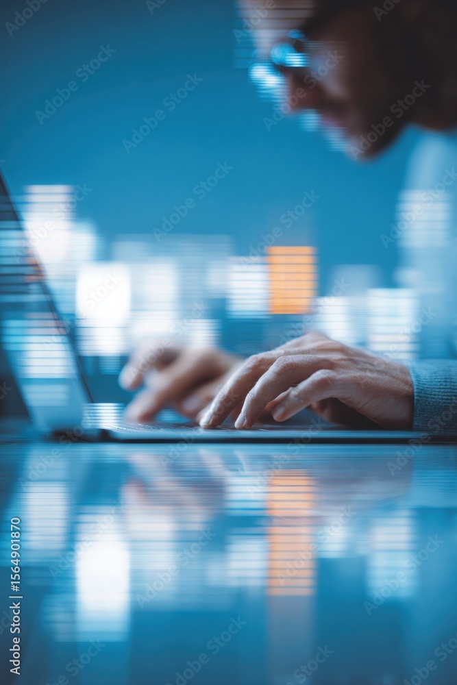Aufkleber Modern Quantum Optimization Businessman Using Laptop with Digital Global Network Overlay for Advanced Computing and Encryption Technology Applications