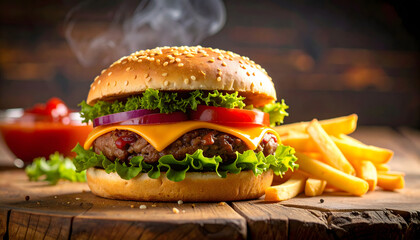 Juicy Beef Burger with Fresh Vegetables and Crispy French Fries