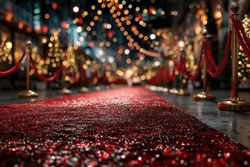 Elegant red carpet laid out for a glamorous event at a festive city street adorned with twinkling lights
