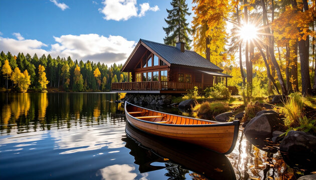 canadian cabin by the lake with canoe and mountains photo
