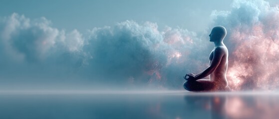 Pranayama Meditation Figure with Glowing Chakra Symbols and Cosmic Aura for Spiritual Awakening and Kundalini Energy Rise in Wellness Platforms